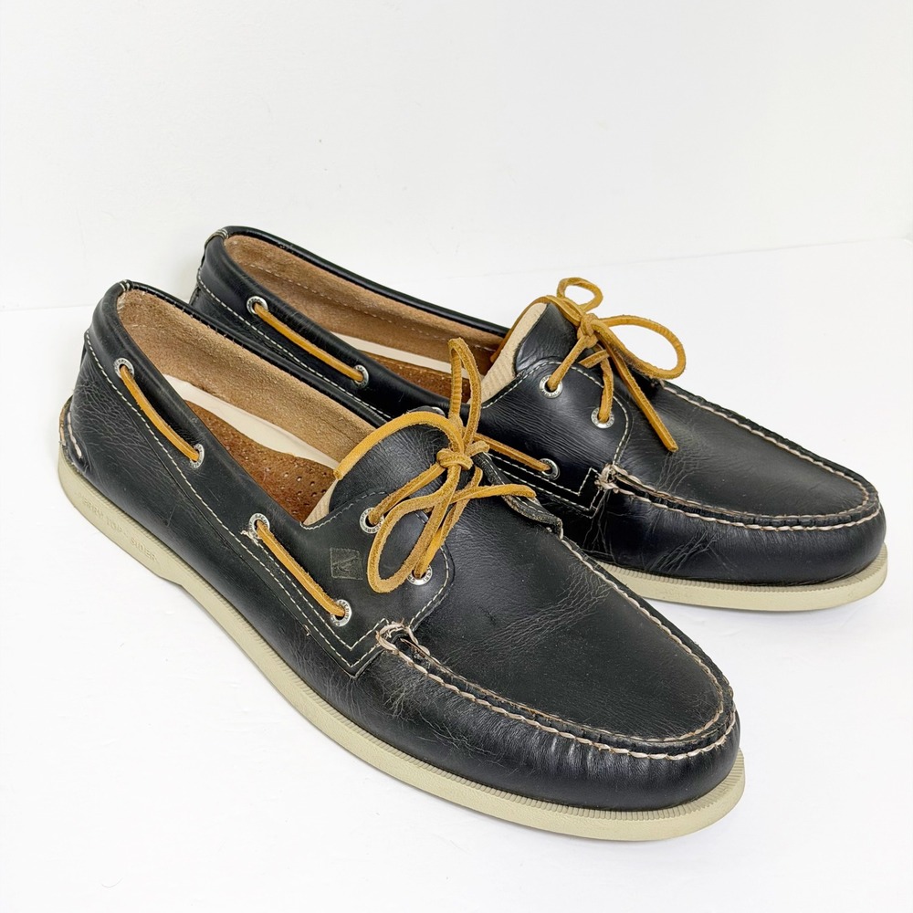 Sperry Boat Shoes Mens 15W Black Leather Authentic Original A/O 2-Eye Deck Shoes